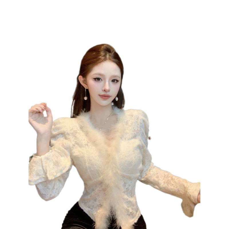 秋冬纯欲性感领蕾丝镂空设计感喇叭袖打底衬衫女上衣,淘宝优惠券,粉丝福利购,淘宝优惠卷