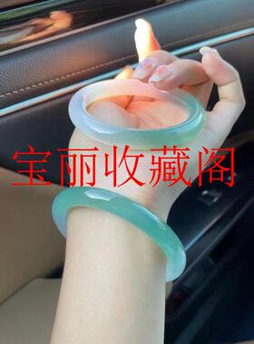 冰种玉髓手镯圆条女款油青色渐变半山半水玉镯子高冰青绿手镯饰品
