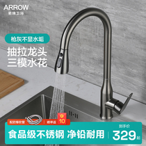 Arrow Gun Grey Kitchen Telescopic Tap Stainless Steel Wash Basin Sink with pull-out cold and hot universal splash-proof water