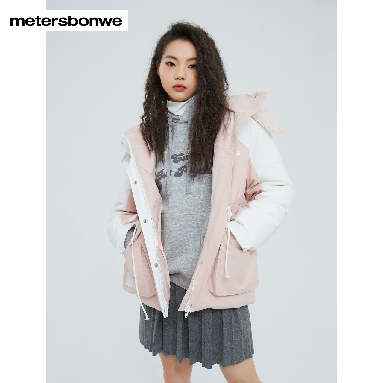 美特斯邦威羽绒服女秋冬时尚拼接撞色宽松保暖舒适中长款羽绒服
