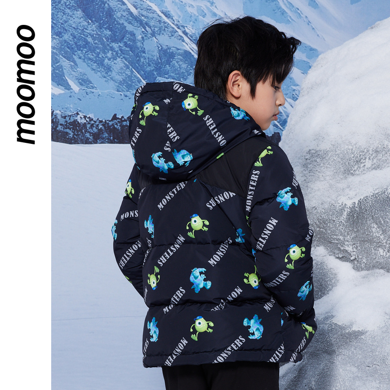 moomoo童装拼接羽绒服男童秋冬新款怪兽大学连帽撞色宽松羽绒服