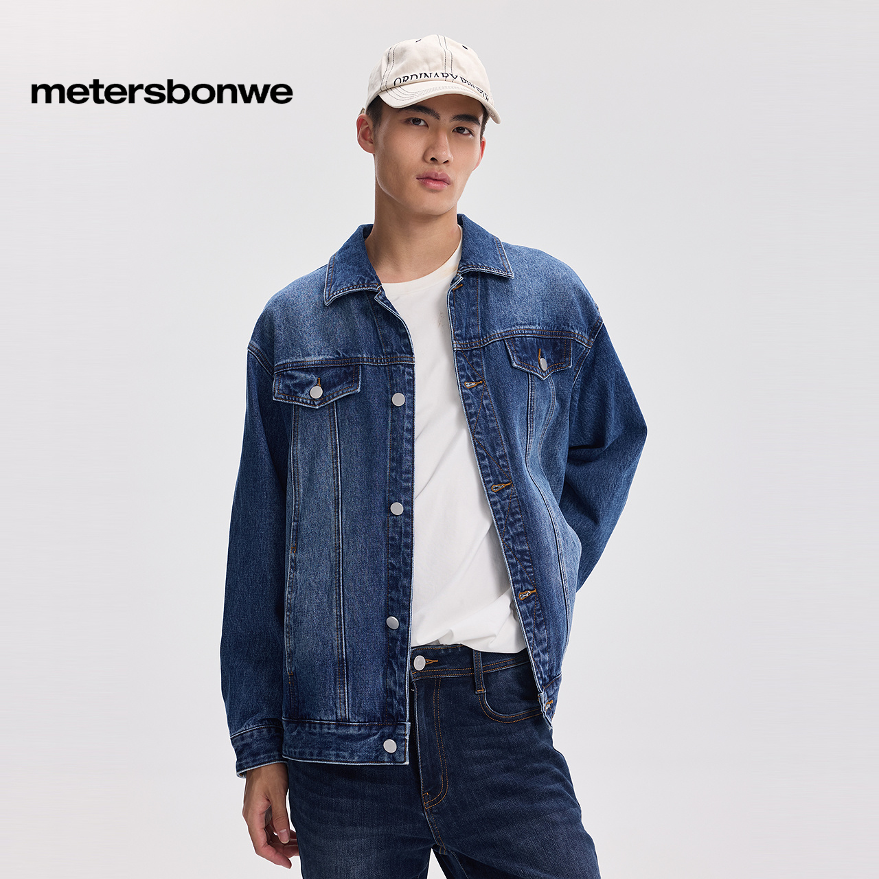 美特斯邦威春秋新款男女同款经典百搭水洗翻领牛仔茄克复古外套男 - 图1
