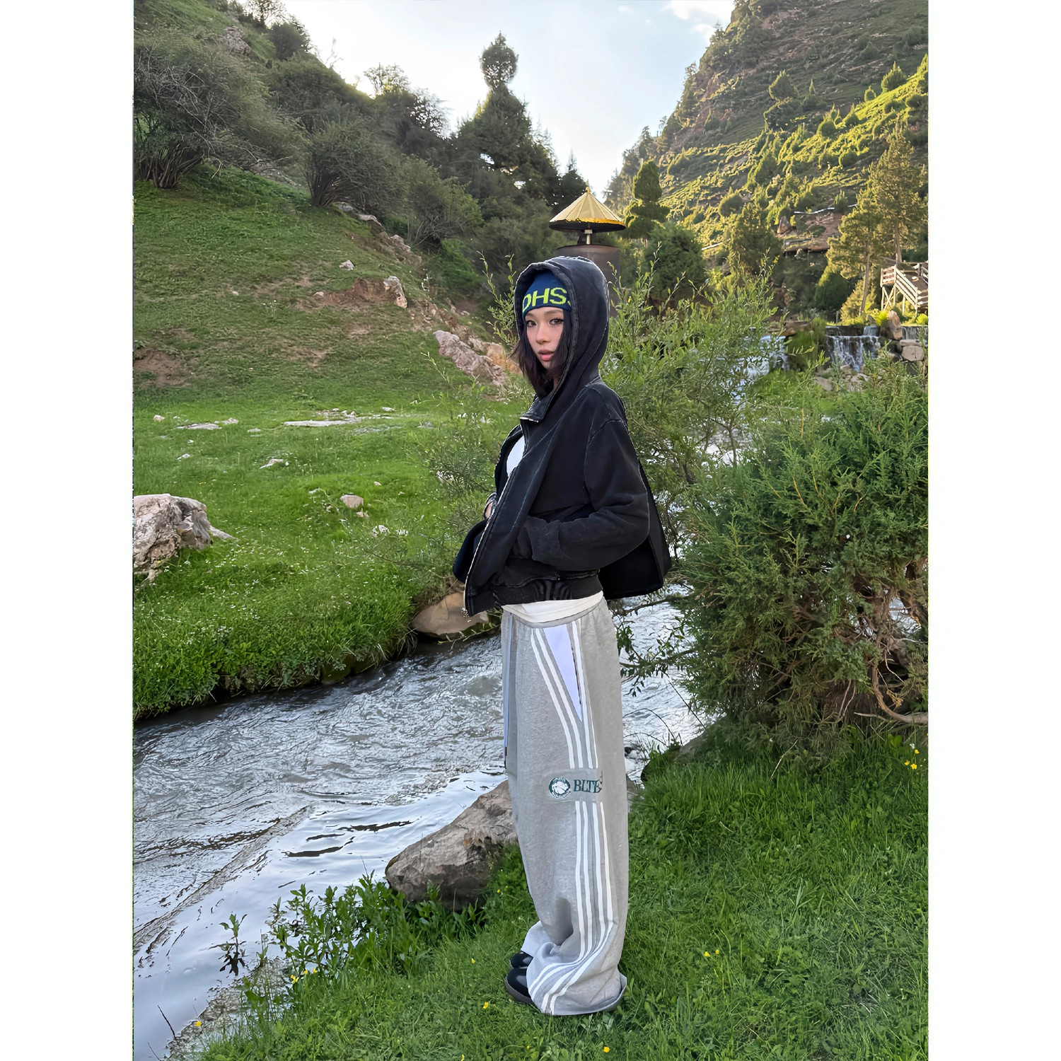 F383 美式复古双腰头抽绳字母印花卫裤宽松直筒阔腿休闲长裤男女,淘宝优惠券,粉丝福利购,淘宝优惠卷