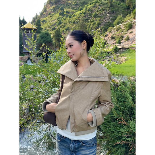 F383 美式复古拼接翻领斜边拉链修身显瘦百搭皮革夹克短外套女ins