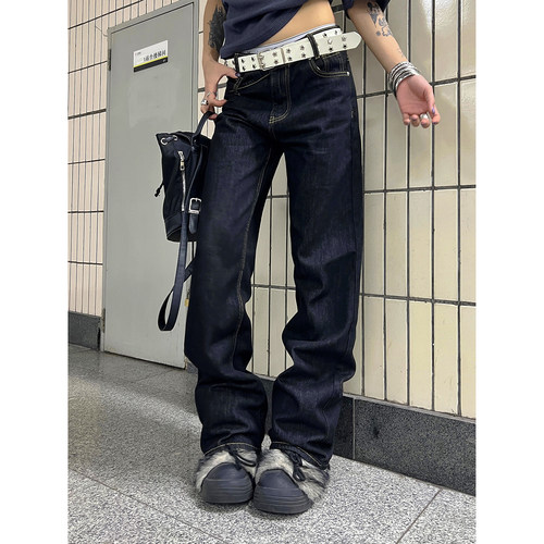 F383 美式复古辣妹低腰不规则重工钉珠牛仔裤女直筒显瘦长裤子潮 - 图1