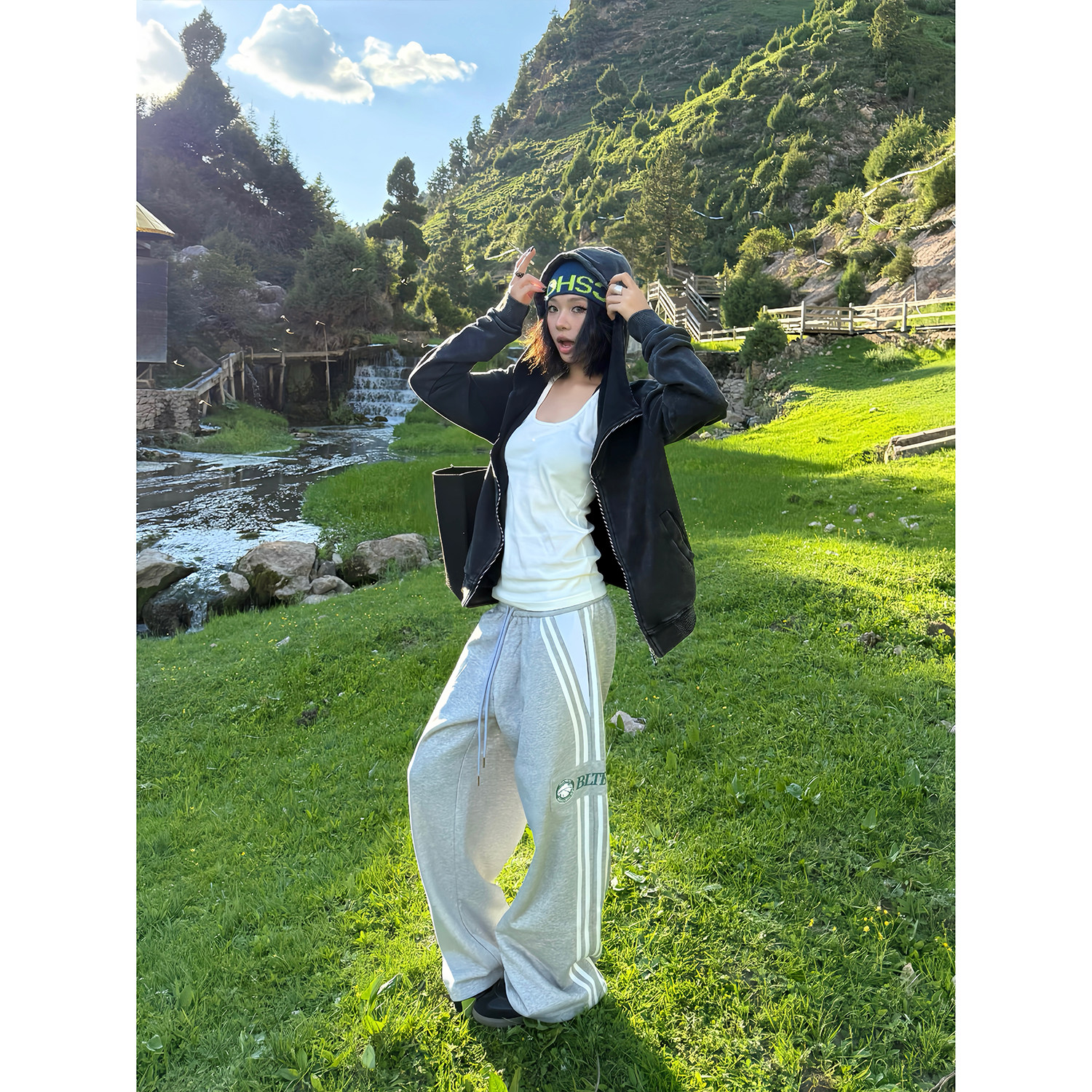 F383 美式复古双腰头抽绳字母印花卫裤宽松直筒阔腿休闲长裤男女,淘宝优惠券,粉丝福利购,淘宝优惠卷