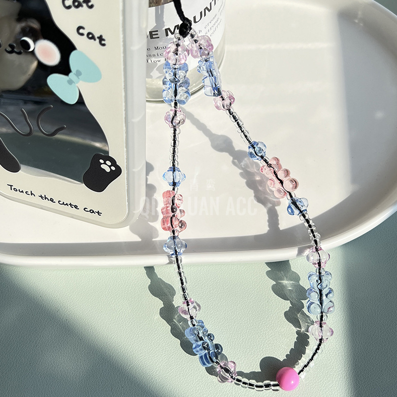 ins蔡卓妍同款手机链甜美蓝粉小熊手工串珠手机挂绳书包相机挂饰 - 图0