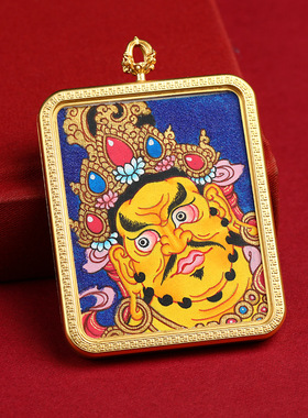 纯手绘唐卡黄财神嘎呜盒黄财神佛首五路财神吊坠画盒随身小挂件