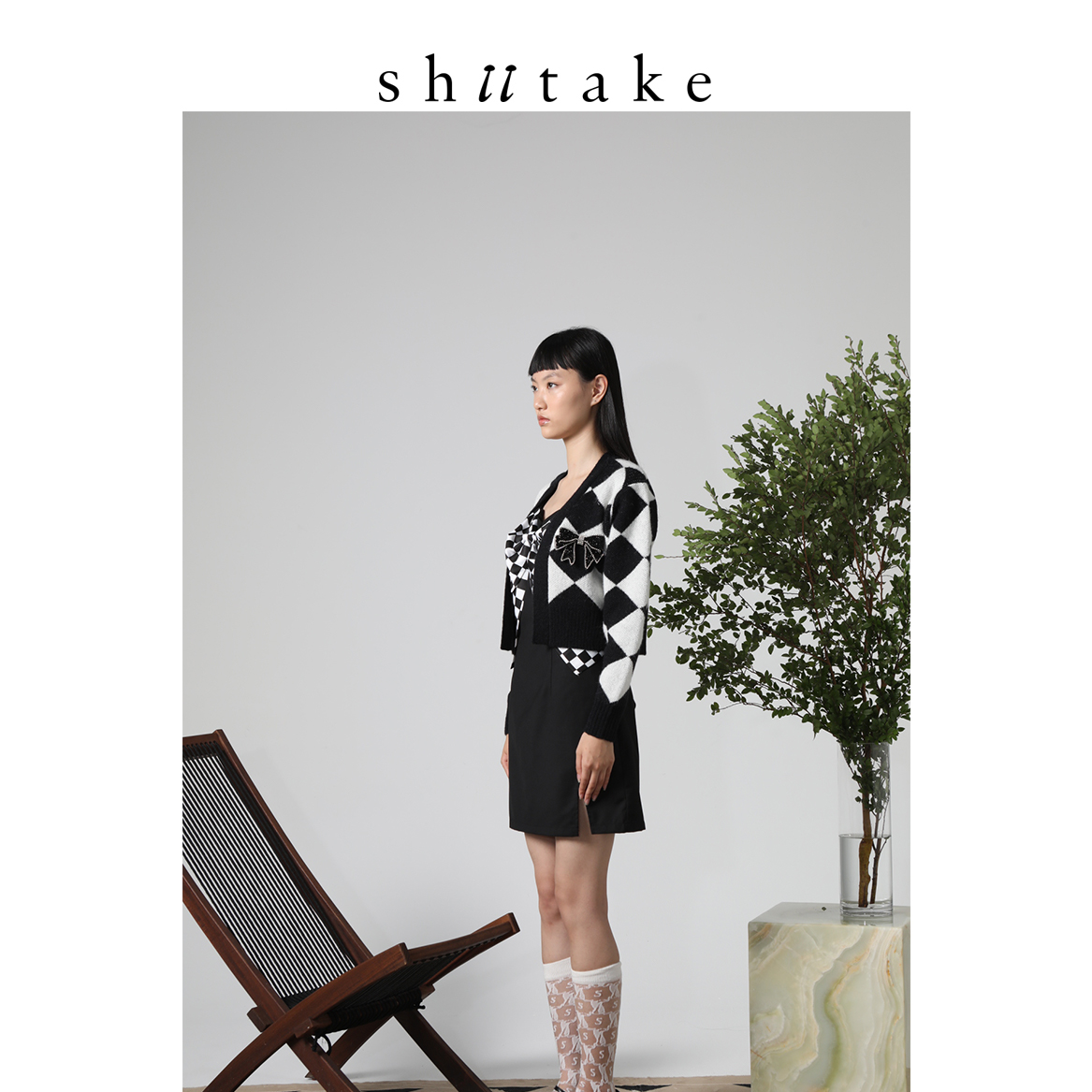 Shiitake诗塔克设计师品牌羊毛毛衣开衫外套菱格蝴蝶结短款2021年 - 图2