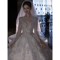 Long sleeve main wedding dress gown 2023 new brides big trailing lady 2024 Heavy work little sub v to lead the starry sky winter