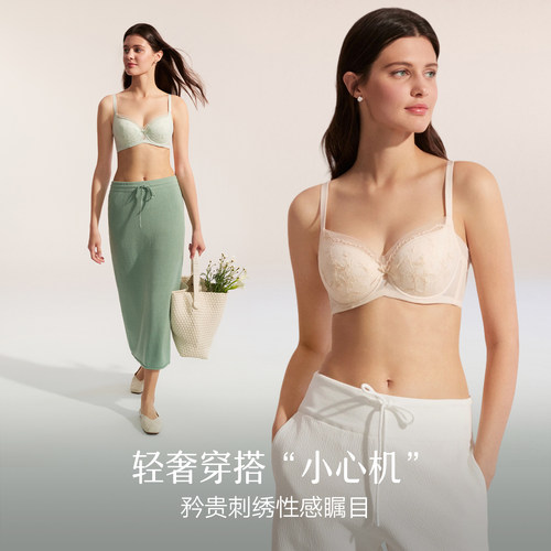 曼妮芬舒适刺绣调整型文胸蕾丝内衣夏薄款大胸显小软钢圈胸罩大杯 - 图1