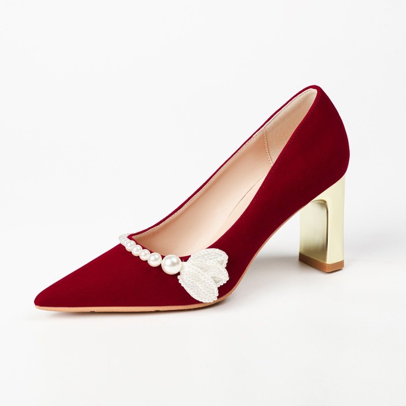 珍珠尖头高跟鞋浅口禾秀婚鞋新娘鞋红色方跟单鞋小码女鞋30313233,淘宝优惠券,粉丝福利购,淘宝优惠卷