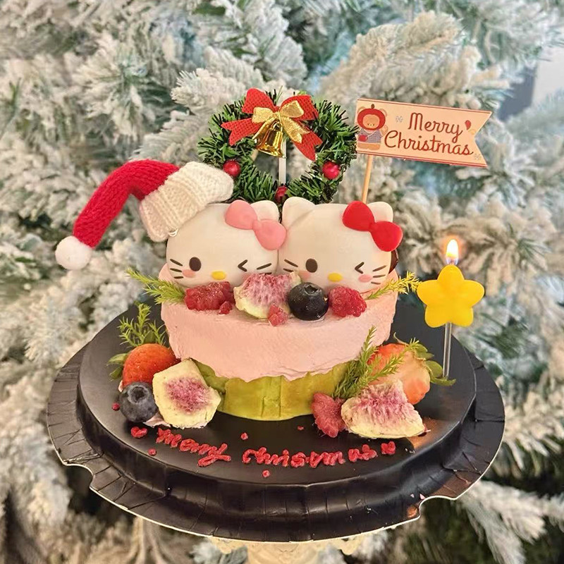 2025网红圣诞节可爱蝴蝶结KT猫斯巴克蛋糕装饰摆件圣诞毛球帽装扮,淘宝优惠券,粉丝福利购,淘宝优惠卷