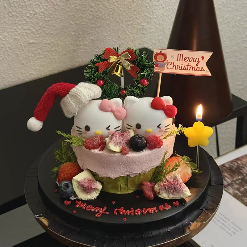 2025网红圣诞节可爱蝴蝶结KT猫斯巴克蛋糕装饰摆件圣诞毛球帽装扮,淘宝优惠券,粉丝福利购,淘宝优惠卷