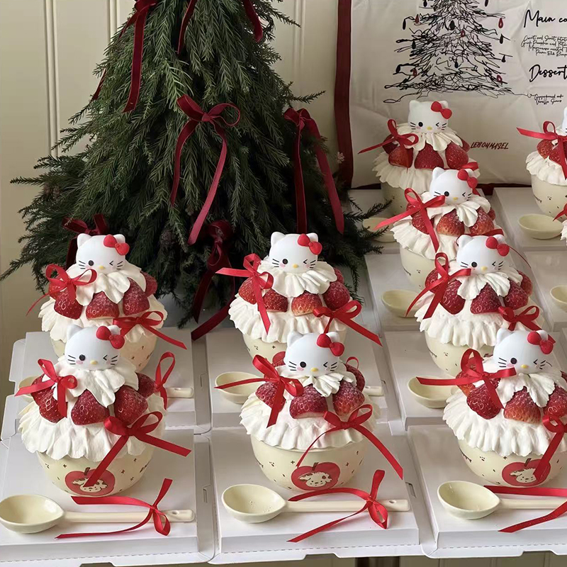 小红书同款新年圣诞卡通KT猫红色丝带草莓碗蛋糕装饰圣诞派对装扮 - 图0