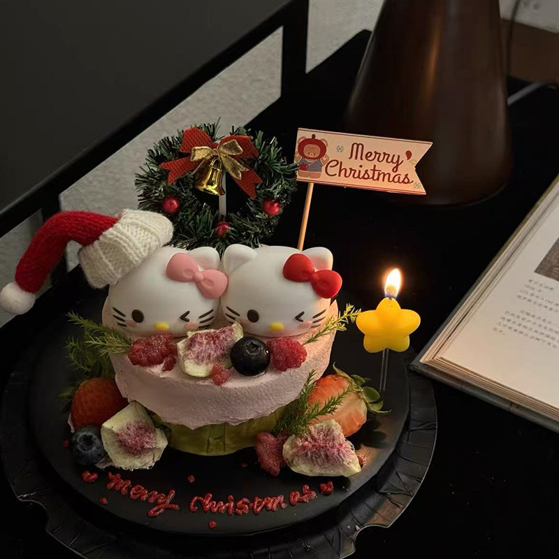 2025网红圣诞节可爱蝴蝶结KT猫斯巴克蛋糕装饰摆件圣诞毛球帽装扮,淘宝优惠券,粉丝福利购,淘宝优惠卷