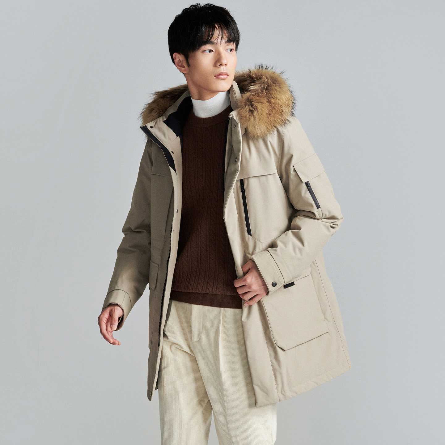 报喜鸟冬季新款男士时尚休闲毛领连帽羽绒服白鸭绒厚款上衣外套男 - 图1