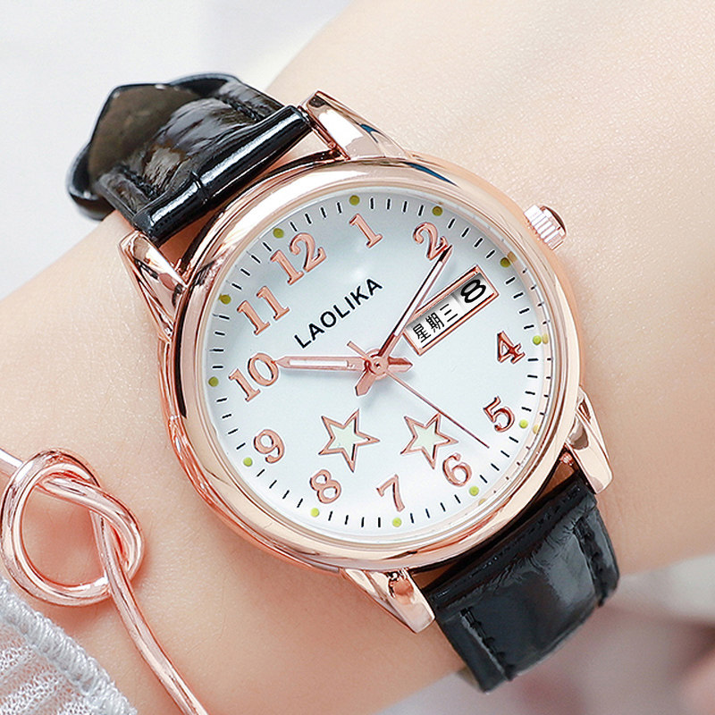 新款女士双日历星期皮带夜光石英表 劳利卡手表国产腕表