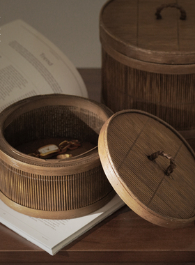 中式复古做旧圆形收纳盒装饰摆件