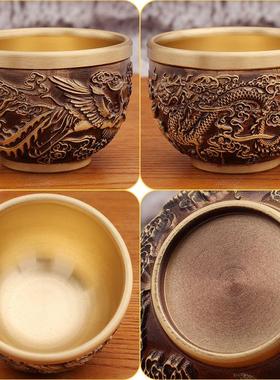 2026黄铜龙凤杯家居客厅桌面装饰复古做旧龙凤呈祥茶杯金属摆件工