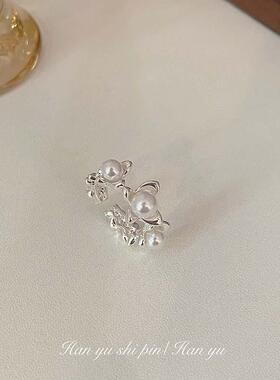 2026银色珍珠花朵戒指小众设计清新甜美蝴蝶食指戒开口可调节指环