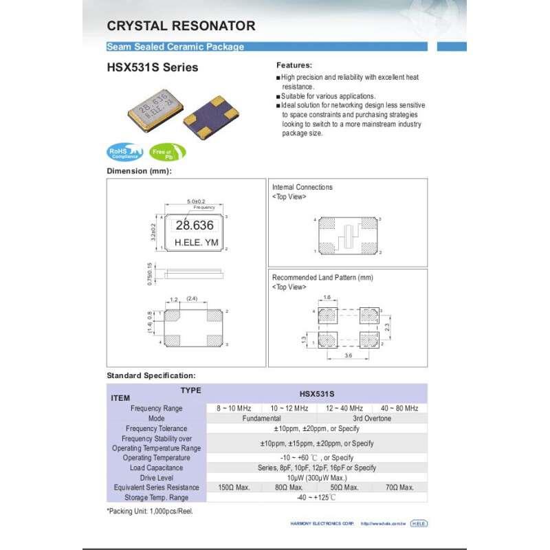 5032 4脚 无源贴片晶振HELE HSX531S 8M 8MHZ 8.000MHZ 18PF 宽温 - 图0