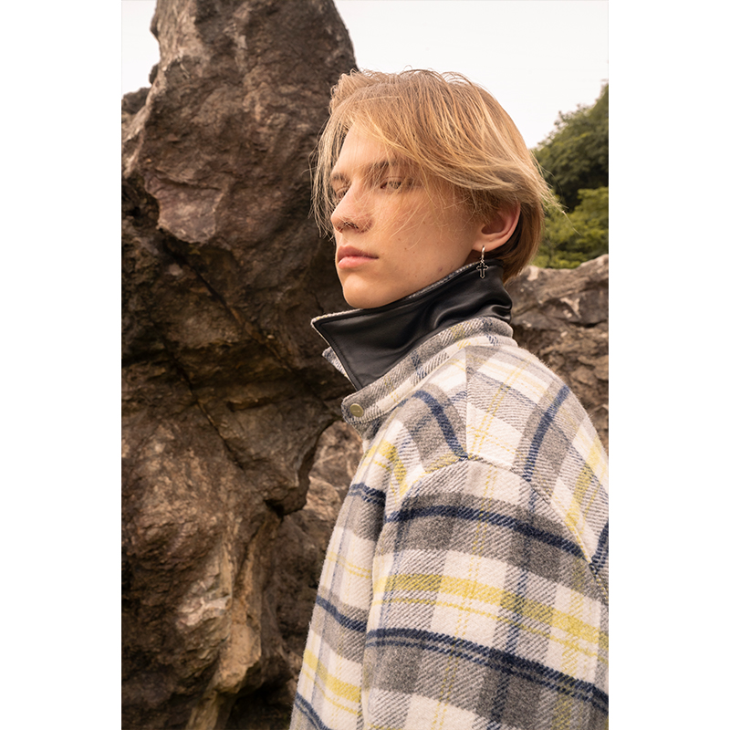 ROOLRREN 23FW 重磅纯羊毛色织格子羊皮领衬衫棉衣外套 - 图2