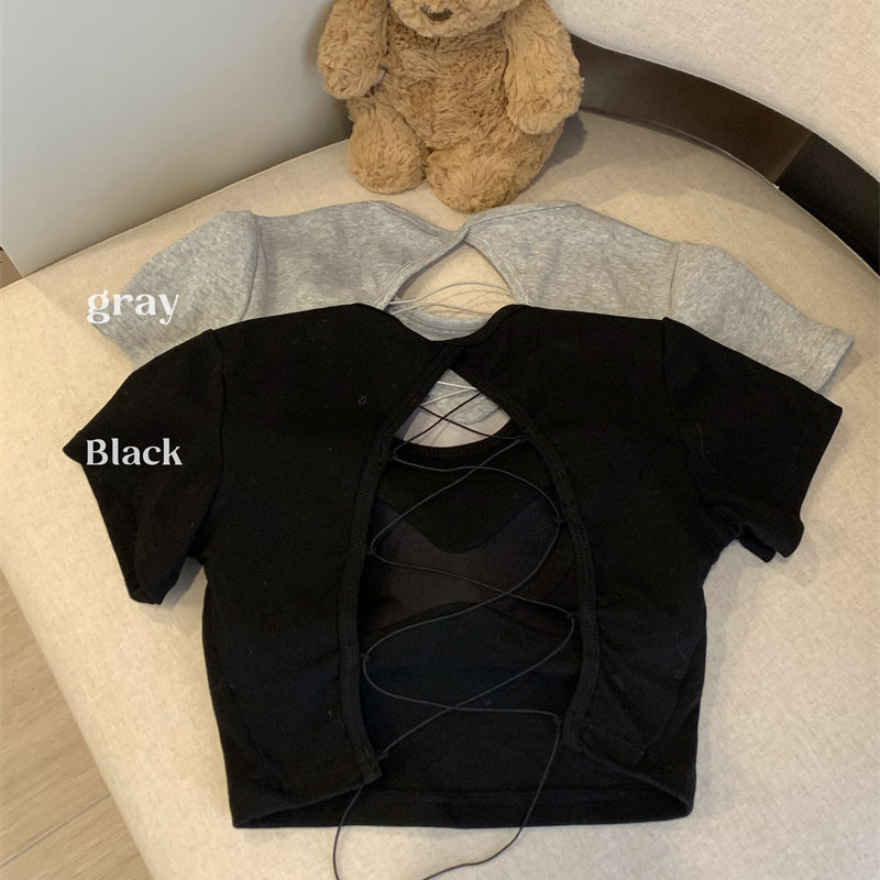 圆领正肩露背镂空绑带显瘦短袖t恤女夏季超好看设计辣妹短款上衣,淘宝优惠券,粉丝福利购,淘宝优惠卷