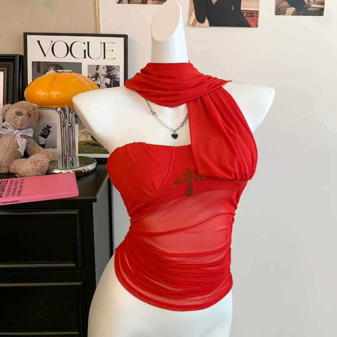 夏秋新款辣妹波点褶皱挂脖抹胸背心女修身飘带设计显瘦固定带胸垫,淘宝优惠券,粉丝福利购,淘宝优惠卷