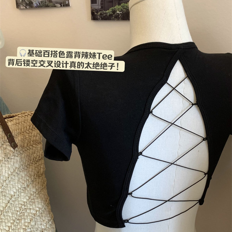 圆领正肩露背镂空绑带显瘦短袖t恤女夏季超好看设计辣妹短款上衣,淘宝优惠券,粉丝福利购,淘宝优惠卷