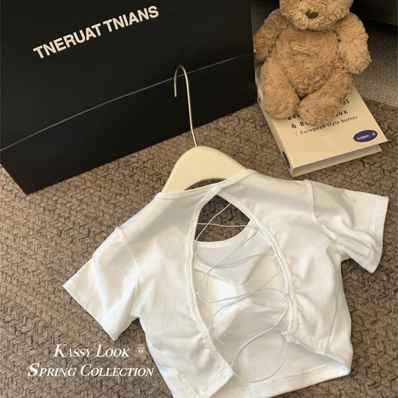 圆领正肩露背镂空绑带显瘦短袖t恤女夏季超好看设计辣妹短款上衣,淘宝优惠券,粉丝福利购,淘宝优惠卷