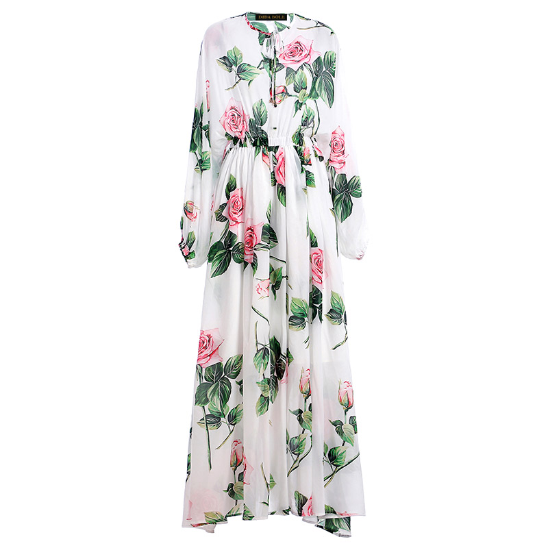 高端轻奢度假印花大摆长裙春秋夏女装弹力收腰轻盈飘逸雪纺连衣裙,淘宝优惠券,粉丝福利购,淘宝优惠卷