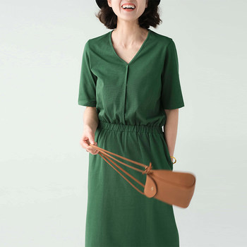 Yuanjia classic pure cotton pure-sleeved dress V-neck with pleated waist multi-color knitted skirt Xia Xin LF391