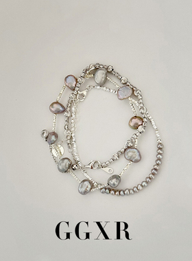 GGXR 925银碎银子 灰色真多麻珍珠手链叠戴简约轻奢小众精致礼物