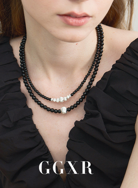 GGXR 秋冬925银黑玛瑙拉丝金属猫眼项链毛衣链