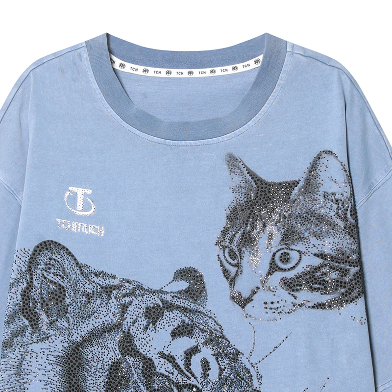 TCH/轻奢潮牌短袖T恤烫钻猫咪与虎春夏蓝色水洗T69A108046 - 图1