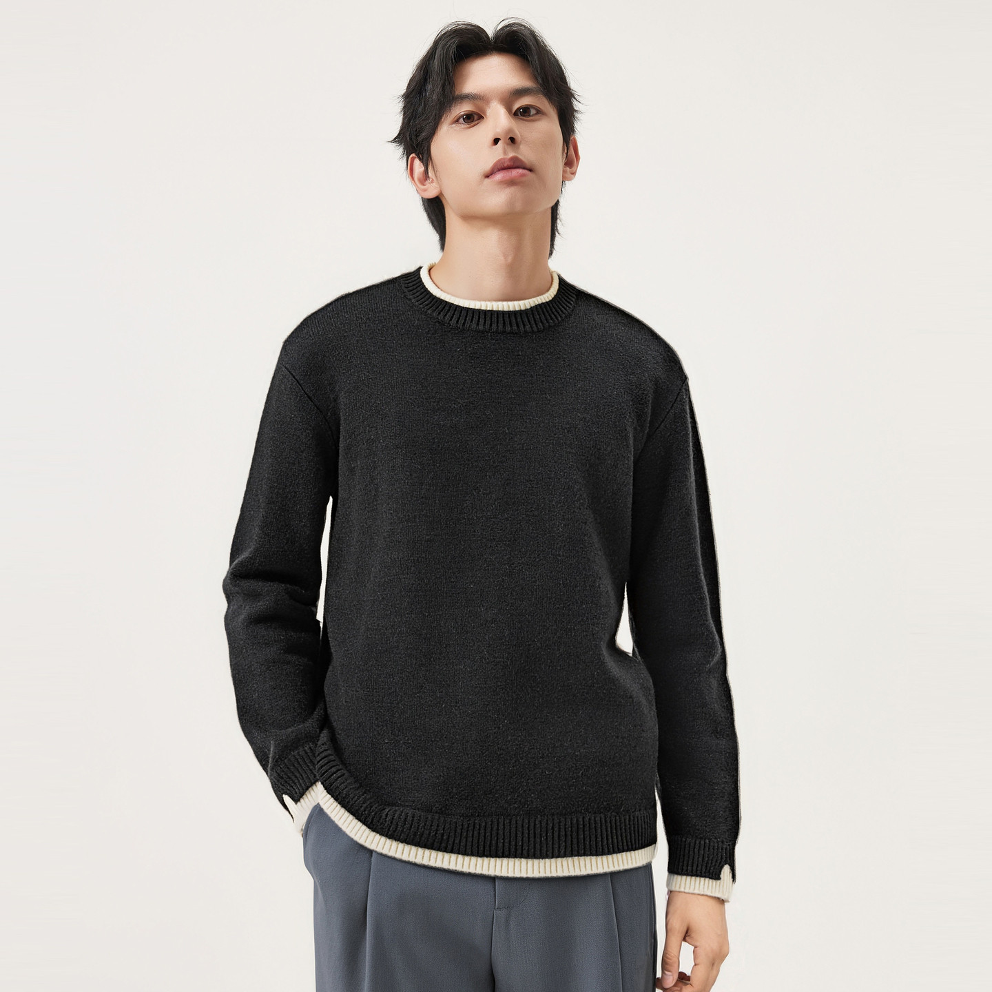 gxg.jeans男装 假两件休闲时尚打底圆领毛衣针织衫 25年冬新品,淘宝优惠券,粉丝福利购,淘宝优惠卷