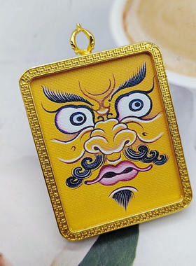 尼泊尔唐卡黄绿财神法眼手工五路财神眼藏式吊坠金色嘎呜盒送挂绳