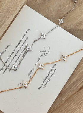 s925通体纯银镶钻四叶草项链