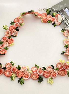 粉色花朵choker锁骨链颈链秋冬