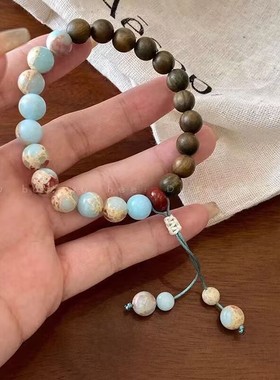 寿山石绿檀木拼接手串女中国风禅意木质手链男复古民族风盘玩手饰