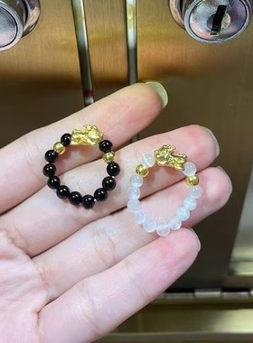 简约可可爱爱的貔貅戒指金色珠招财好运情侣戒指小众编织戒