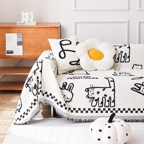 ins简约卡通沙发巾雪尼尔2025款沙发盖布四季通用沙发套罩沙发毯-图1