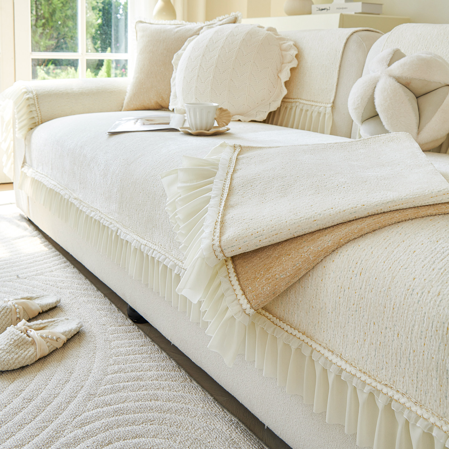 奶油风法式直排沙发垫固定防滑沙发盖布四季通用2025新款裙边坐垫,淘宝优惠券,粉丝福利购,淘宝优惠卷