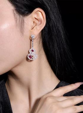 轻奢红宝石项链彩宝耳环镂空花纹