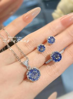 八角千禧玫瑰切坦桑蓝项链吊坠