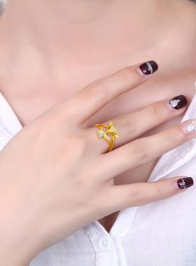 纯黄铜镀黄金戒指女狐狸镶嵌开口