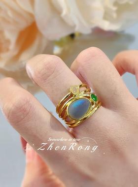 臻荣镀镀黄金镶嵌七彩月光石戒指