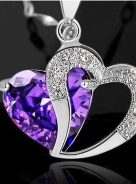 镀饰品心形水晶吊坠浪漫紫项链锁