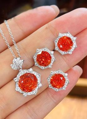 八角千禧玫瑰切粉钻花朵项链吊坠